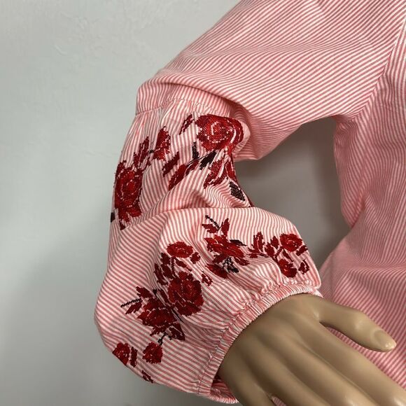 INC International Concepts Floral Embroidery Tie Waist Striped Blouse Top XL - Picture 4 of 10